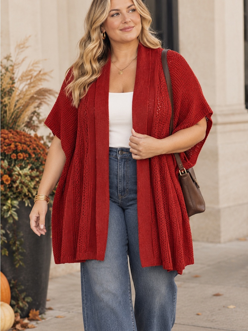 Liz Claiborne Rust Red Open-Knit Cardigan – 2X | 100% Cotton | Fall Layer